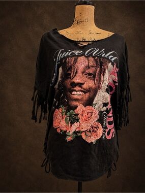 Juice WRLD Black Graphic Fringe Tee with Roses